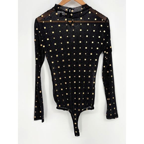 Lulus Rooftop Party Black and Gold Print Sheer Mesh Bodysuit Size M - Picture 7 of 10